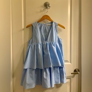 Zara Trafaluc Collection Sky Blue and White Striped Ruffled Romper | XS